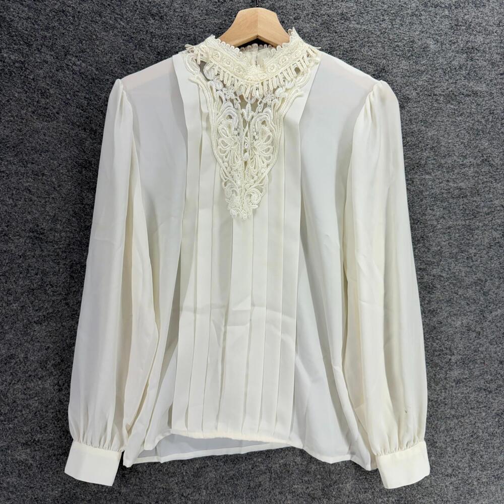 Worthington Blouse Women 10 Beige Long Sleeve Pleated Hook & Eye Crew Neck